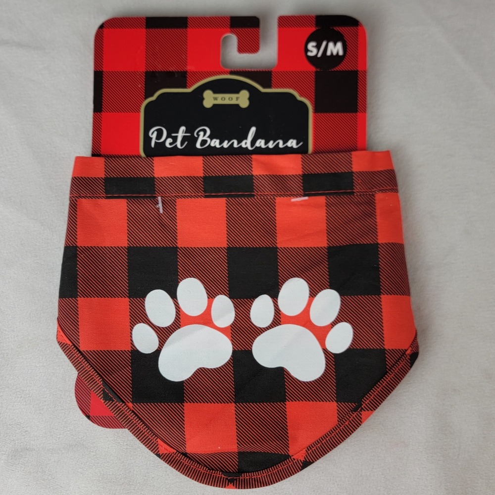 WOOF Pet Bandana Red Black Buffalo Plaid Paw Print Dog Cat S/M Chritmas Holiday